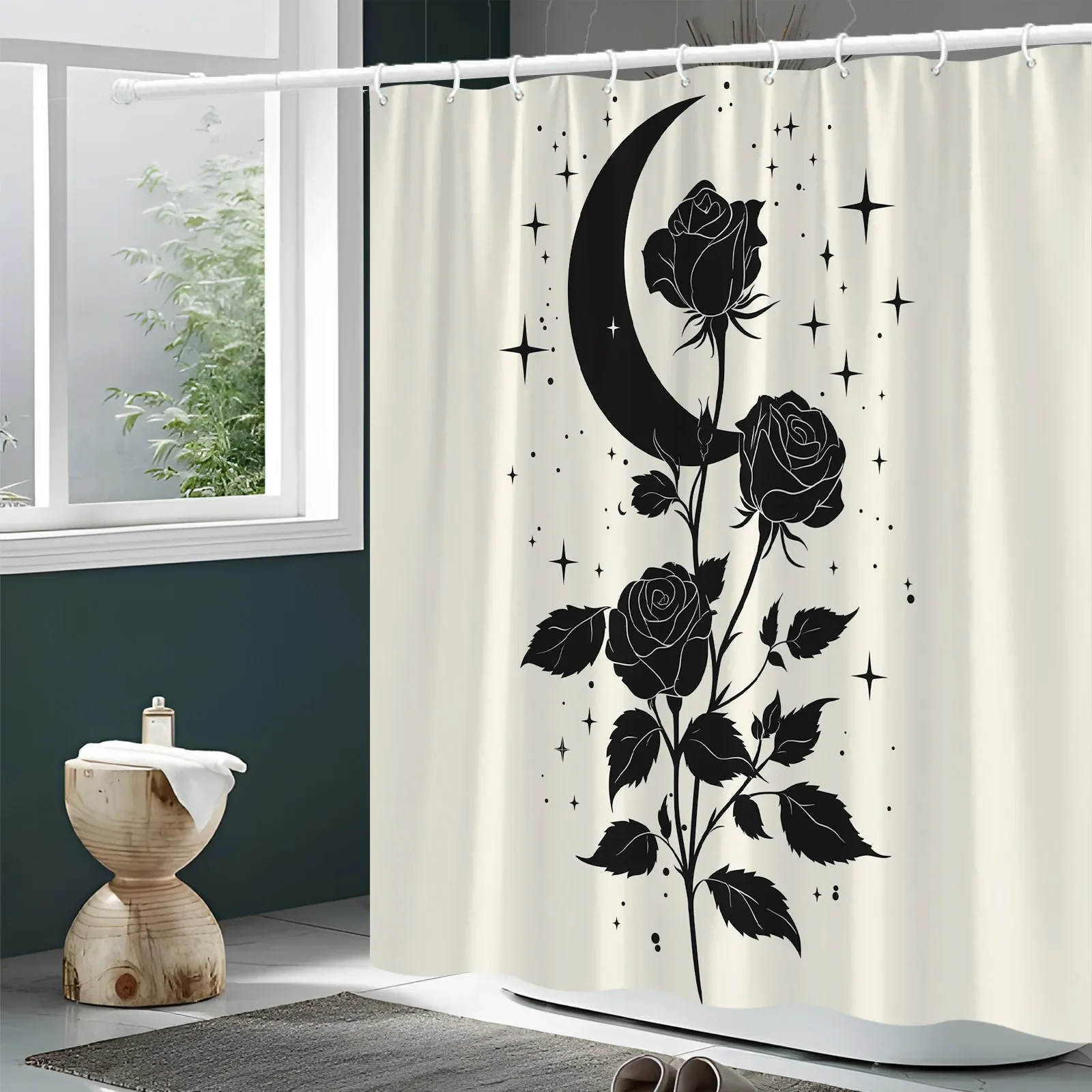 ~O~Romantic Black Roses & Crescent Moon Shower Curtain - Sparkling Stars, Soft Beige Background, Durable Polyester, Bathroom Dec