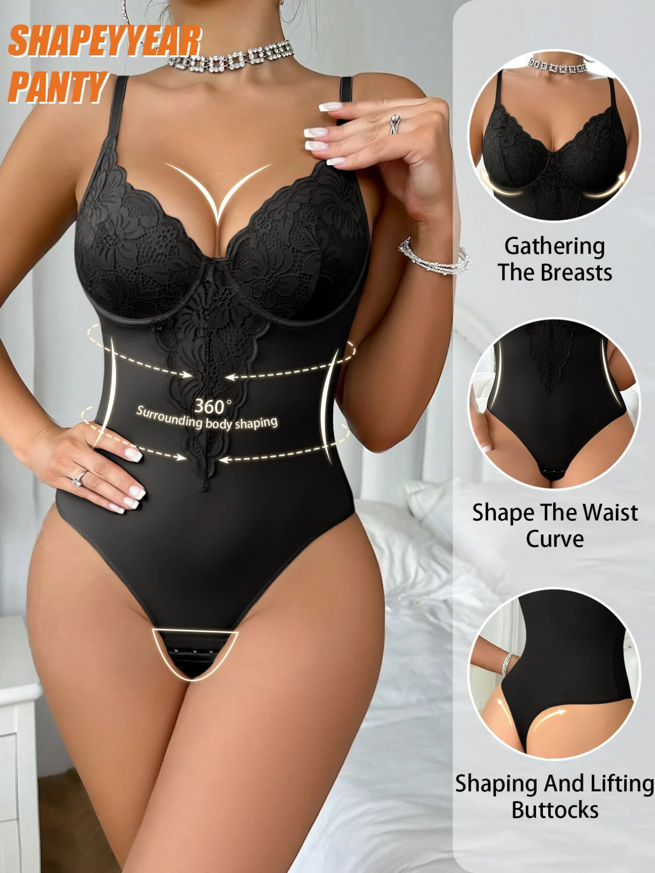 Lace Tight-Fitting Bodysuit for Women Tummy Control Shapewear V Neck Sleeveless Body Suit Crotch Snap-Button Design  Body Shaper