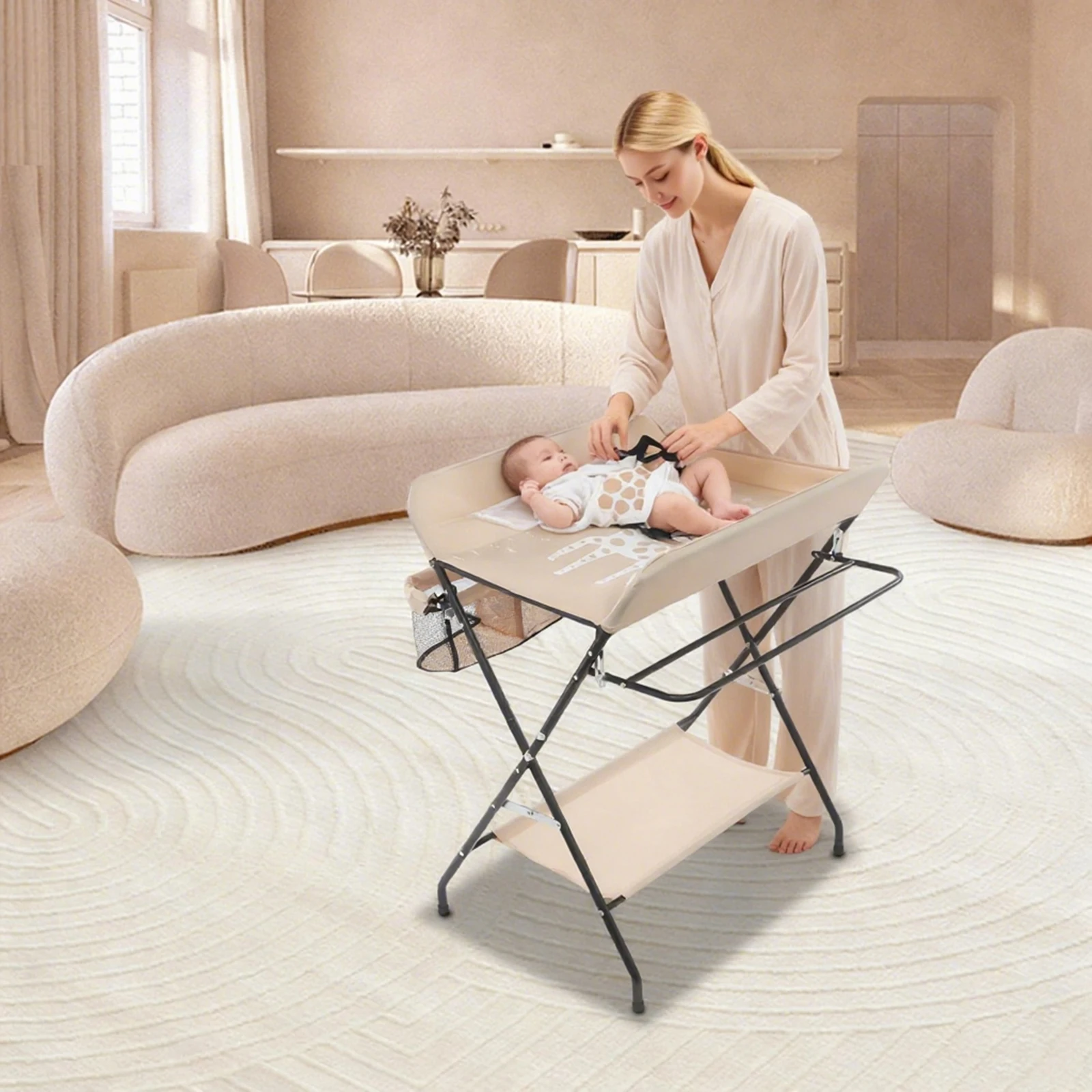 Table à langer pliable pour bébé, capacité de 33 lb, station à couches portable avec panier de range