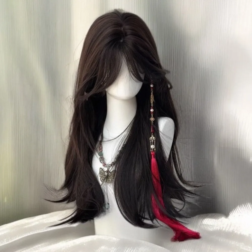 Chinese pruik - zwart steil haar met pony van middendeel, jeugdige hoge paardenstaartstijl, synthetisch haarstukje met volledige dop voor dames