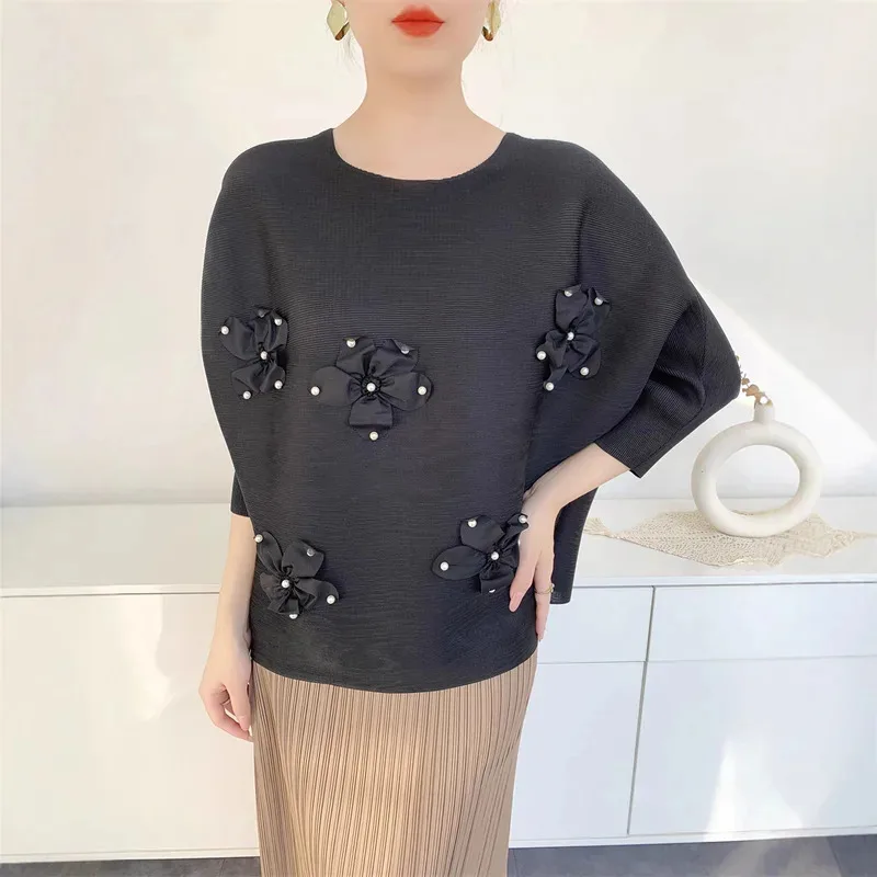 

Miyake Pleated Top for Women 2025 Decals and Beads Round Neck and Seven-quarter Sleeves Versatile T-shirt for Women