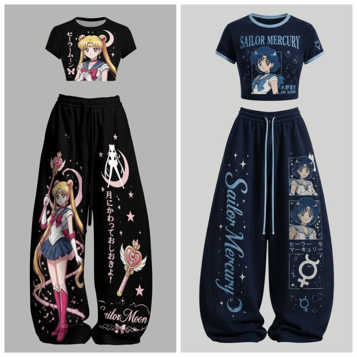 2026 Pretty Girl Warrior Regular T-shirt Wide Pants Set Anime Printed Pants Y2K Street Wear Family Sports Wear Parent Child Wear