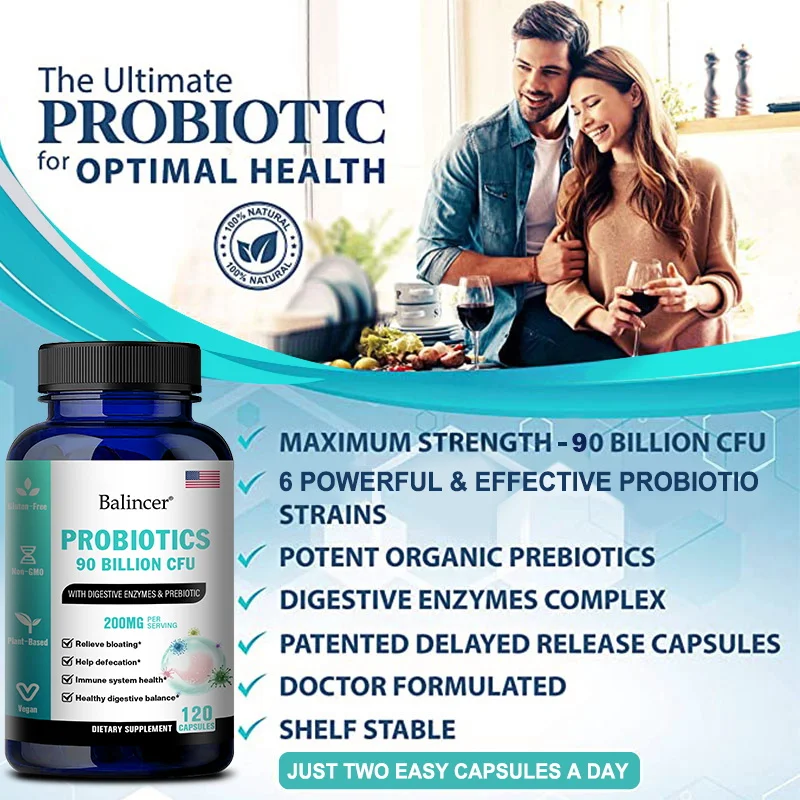 CFU Probiotic Balincer مع الأمعاء Digeful ، ودعم الانتفاخ ، وتحسين المناعة والهضم ، والإنزيمات والبريبيوتيك ، 90 مليار