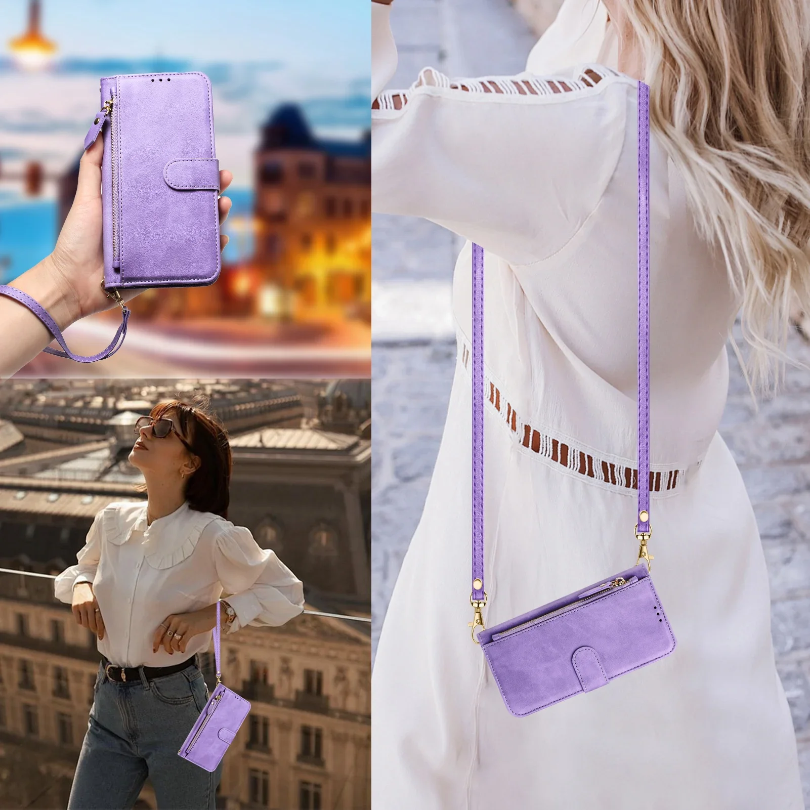 Funda tipo billetera de cuero Solt con tarjetas cruzadas con cremallera para POCO X7 Pro 5G X6 M6 M7Pro F6 F7 X6NEO, funda con correa de cordón largo