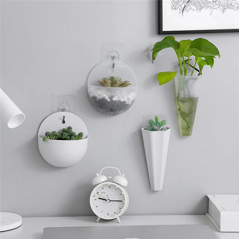 Modern Plastic Vase Wall Mounted Hanging Flower Vase Hydroponic Plant Flower Pots Decor Basket Planter Home Room Decoration