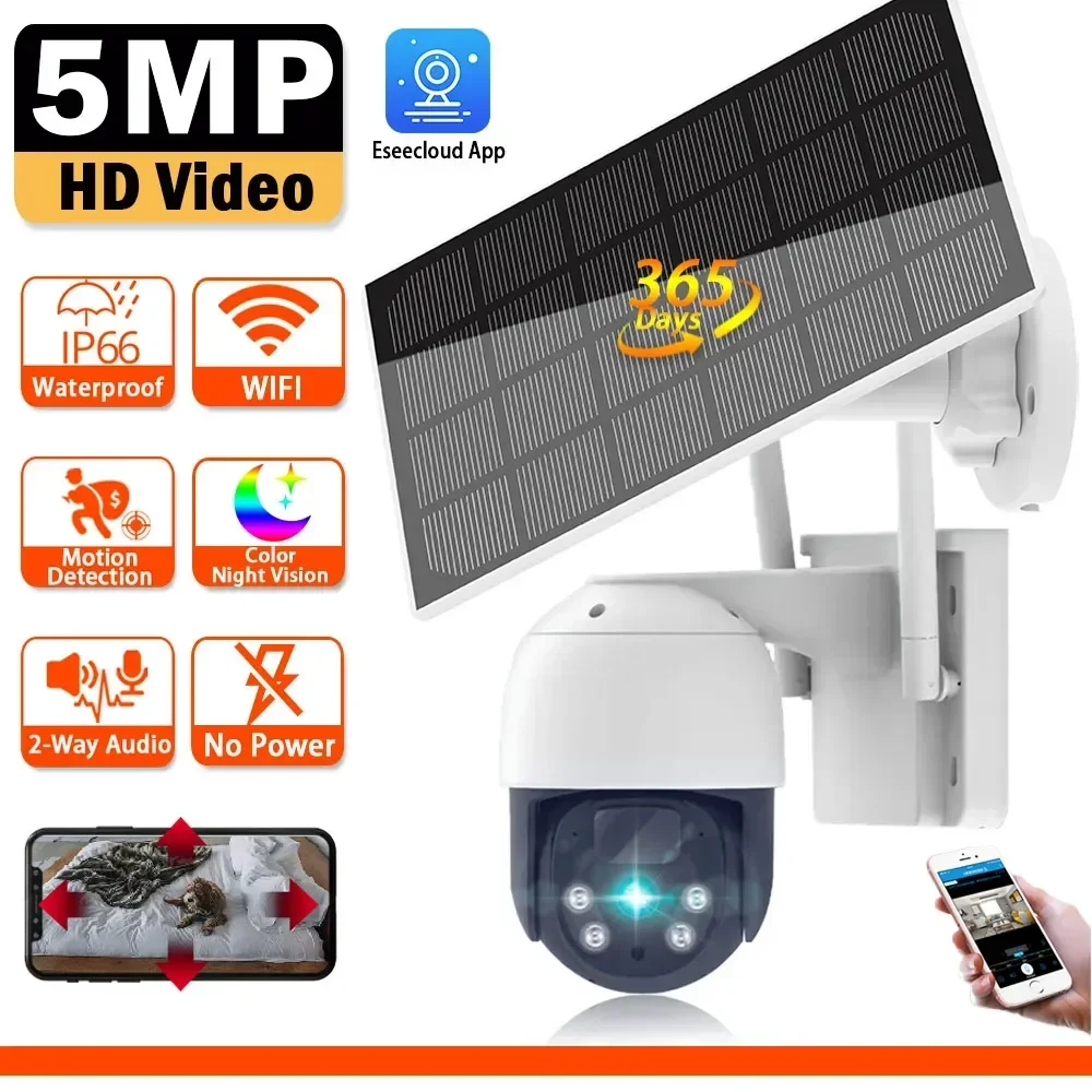 

WIFI Solar Camera PIR Human Detection 5MP Solar Panel PTZ Camera Smart CCTV Wireless Surveillance IP Camera Rechargeable Battery