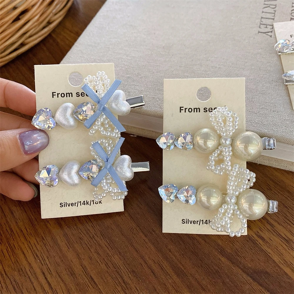 2 Stücke Sanfte Perle Kristall Haarnadel Fee Stil Seitenclip Frauen Täglich Datum Kleid Haarschmuck Süße Haarschleifen für Mädchen – Detail 2