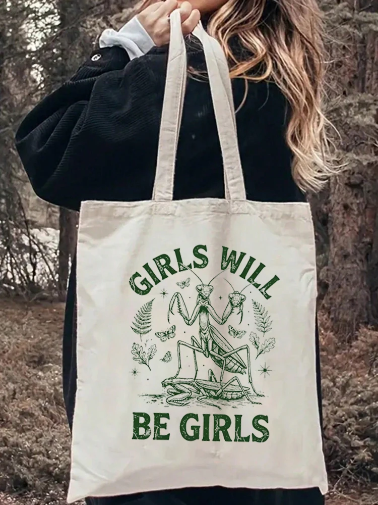 1pc Girls Will Be Girls Pattern Tote Bag Beach Bag Shopper Bags Handbags Canvas Shoulder Bags Woman Shopping Bags High Capacity