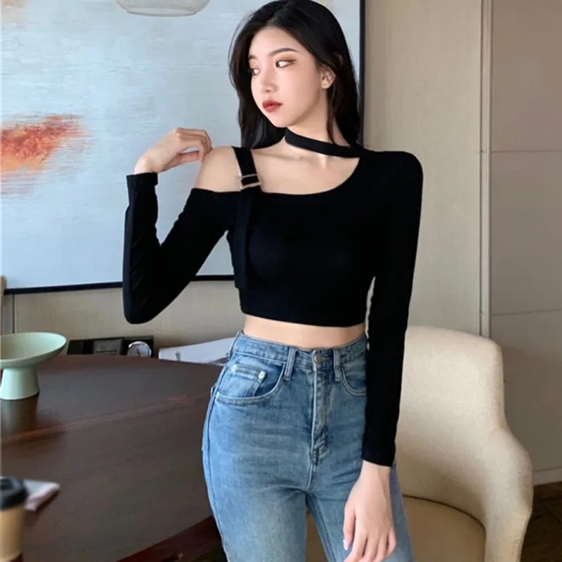 Sexy Fashion Korean Edition Irregular Hanging Neck Off Shoulder Sexy Slim Fit Off Navel Long sleeved T-shirt