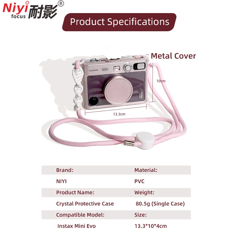 Przezroczysty zestaw etui ochronnych do Fujifilm Instax Mini Evo, przezroczysta osłona z PVC z regulowanym plecionym paskiem na ramię, akcesoria. — zdjęcie produktu 5