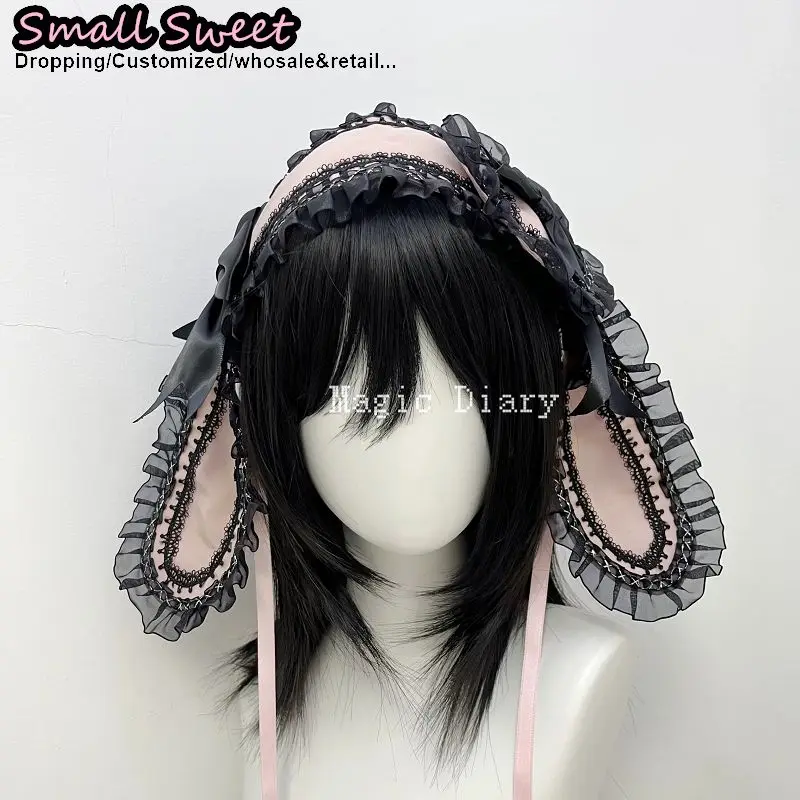Women Subcultural Y2K Girl  Rabbit Ear Lace Ruffle Bunny Ear Hairband Hairpin Goth Headwear Doll Gothic Lolita Cute Headband view 3