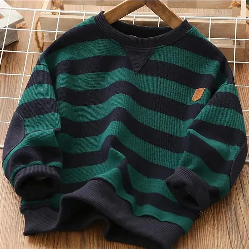 Teenage Boys\' Sweater 2024 Spring and Autumn Children\'s Casual Top New Big Boy Stripe Loose T-shirt Sweater