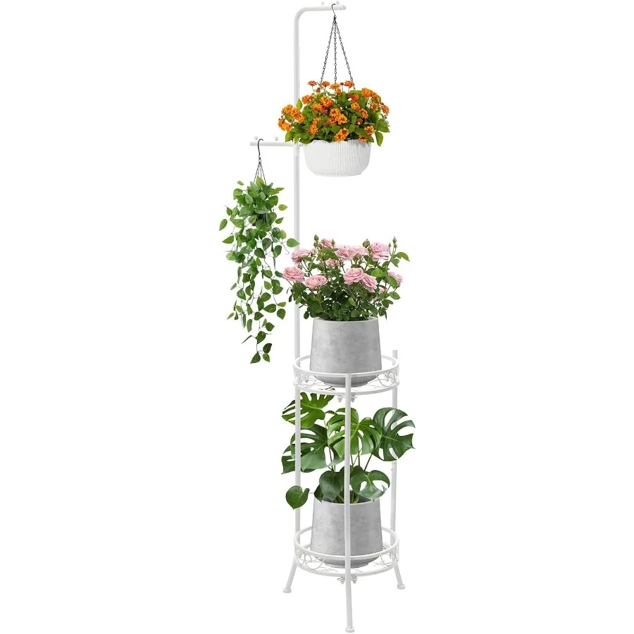 

Hanging Plant Stand Adjustable 2Tier 72 Metal Shelf Tall Indoor Outdoor Plant Rack with Hangers for 4 Potted Flowers Cor