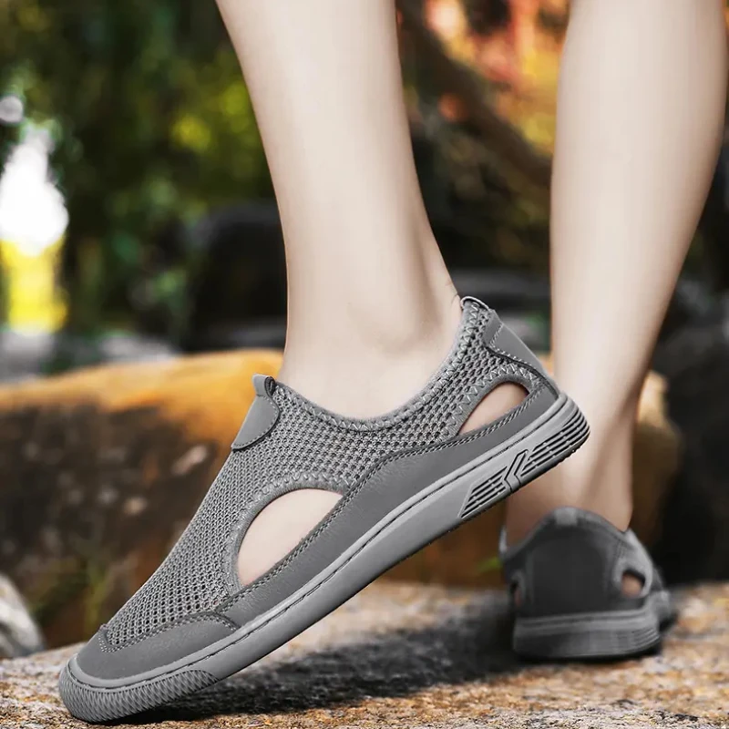 Men Large Size Mesh Shoes Breathable Shallow Mouth Sneakers Round Toe Solid Colour Comfortable Non-slip Leisure Slip on Loafers