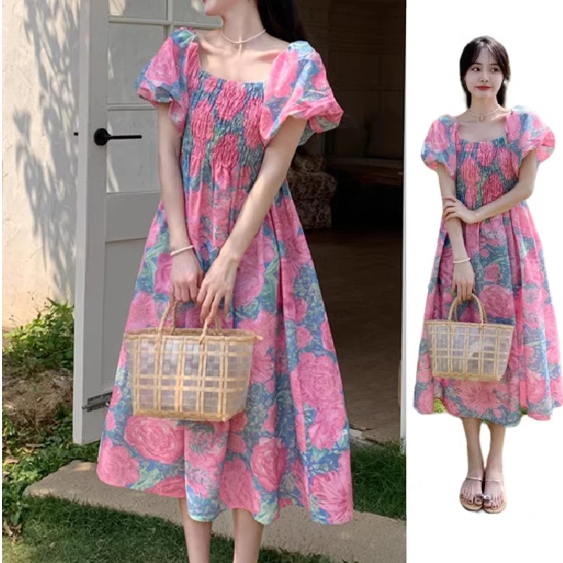 Plus Size Blumendruck Sommer Dr Damen Midirock Urlaub Sle Schlankmachendes langes Dr Ort Sve Princ-Kleid mit hoher Taille