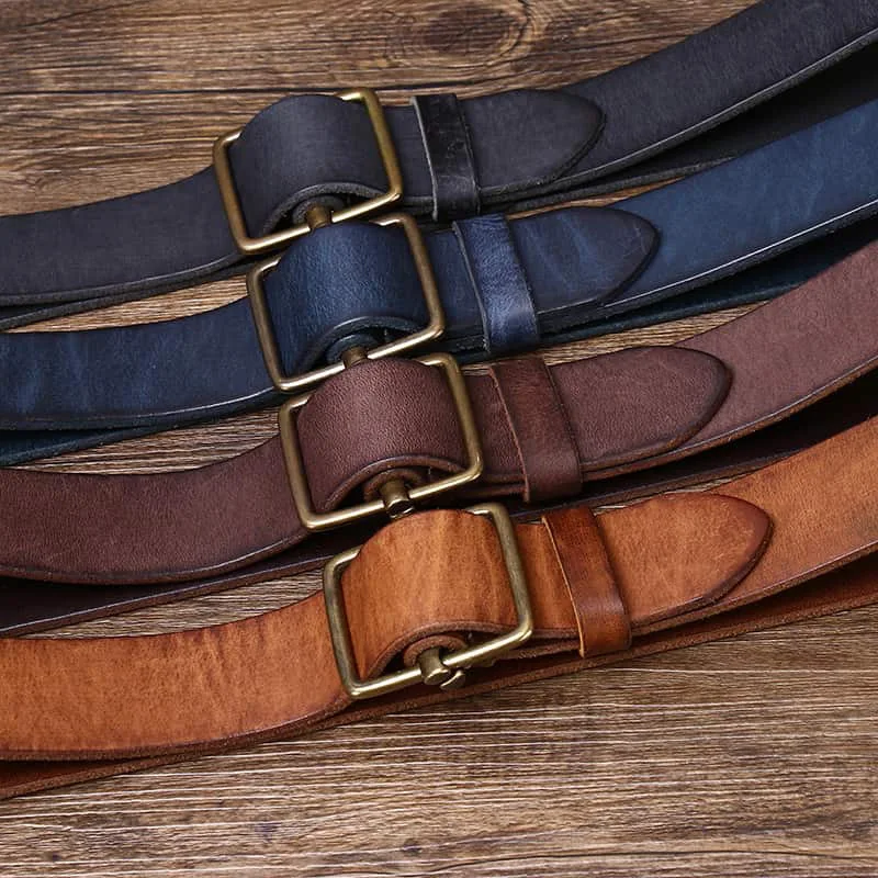 Fashionable Men's No-Hole Leather Belt with Smooth Buckle Top Layer Cowhide Retro Minimalist Cowboy Waistband