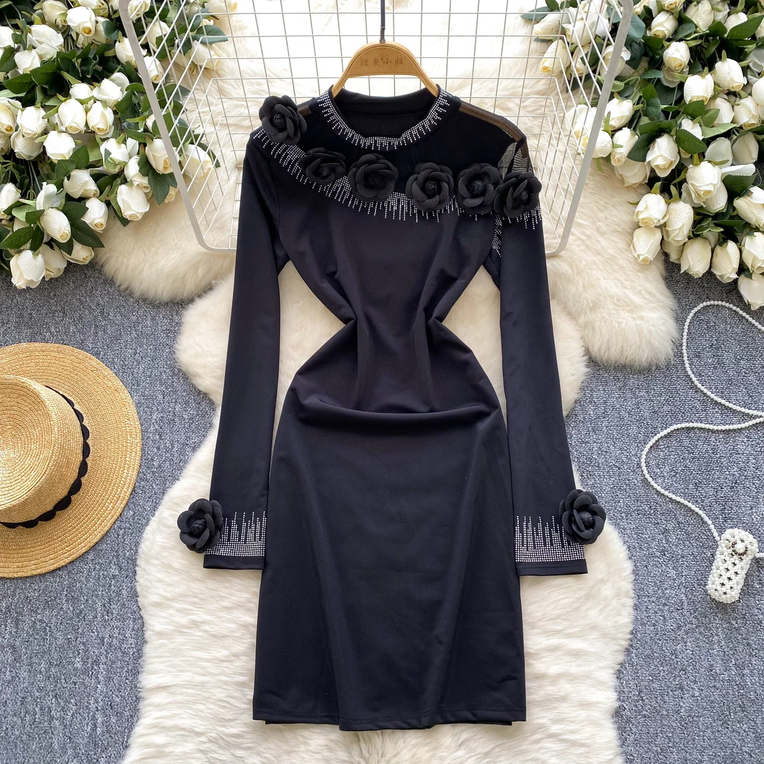 

Sexy O-Neck Three-dimensional Floral rhinestone Flocking Long Sleeve Fairy Casual Dress Beach Vacation Women Clothing