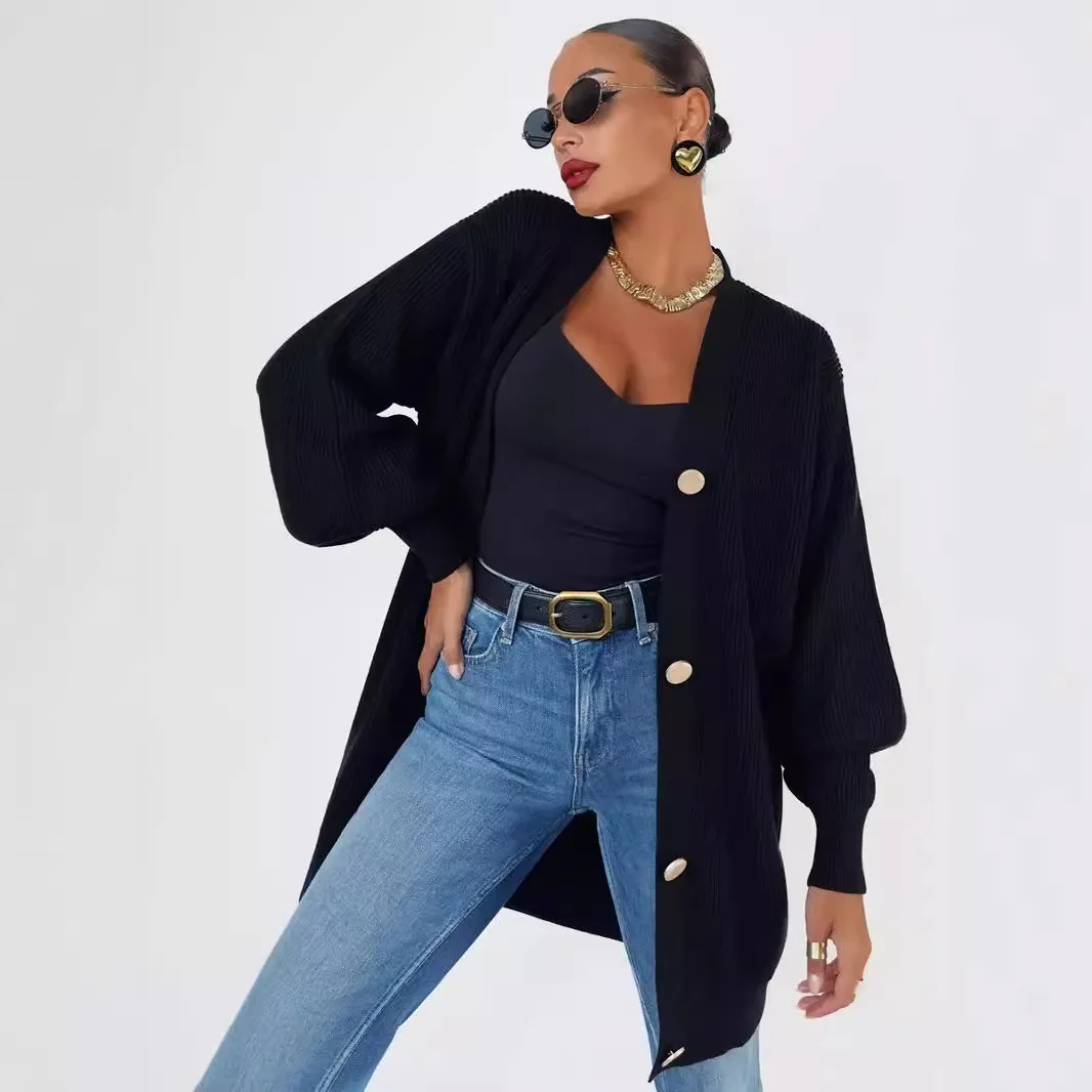 Chaqueta de Punto Hoada Informal para Mujer, Cárdigan Abierto de Color Sólido, Fibra de Poliéster, Manga Larga, Cuello en V...