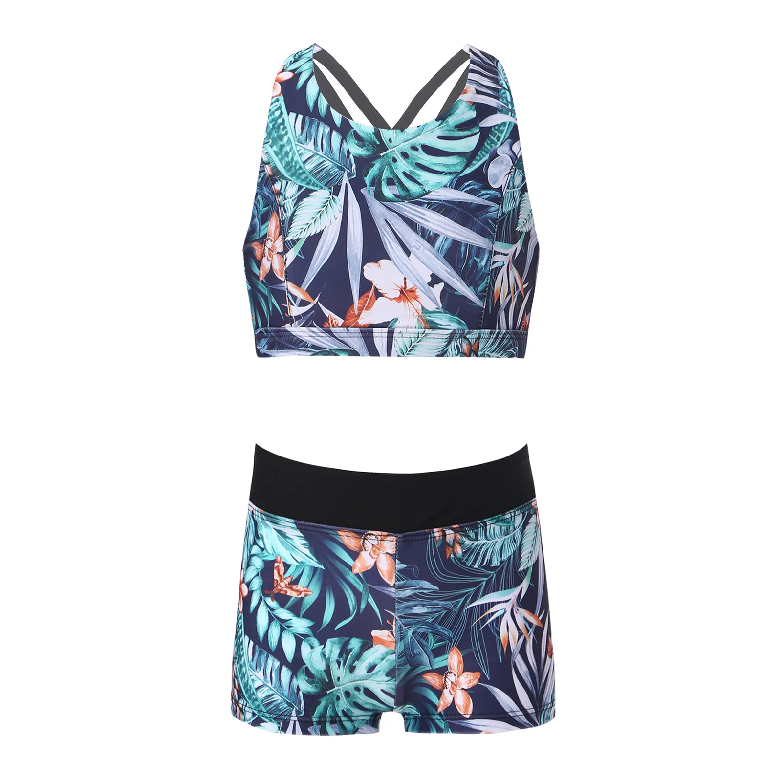 Summer Bathing Suit Girls Two Pieces Suits Swimsuit Beach Swimwear Sleeveless Crisscross Back Printed Top with Boyshorts Bottoms