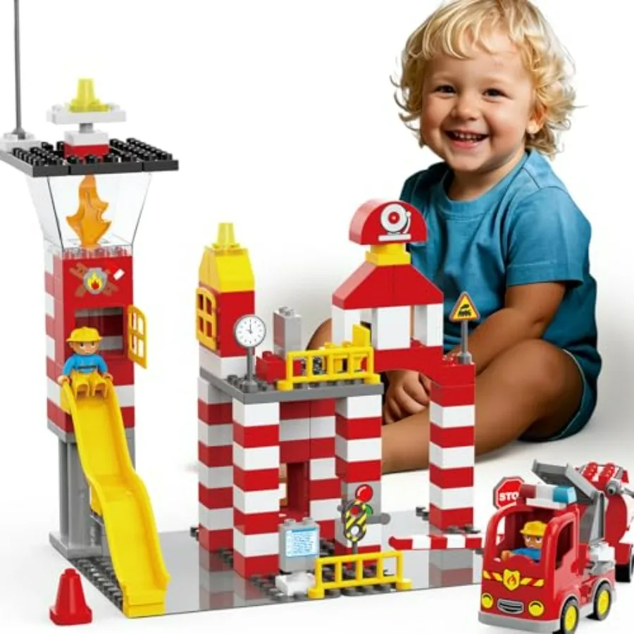 

Fire Station Playset Firetruck Toys 3-5 Years Old 144Pcs Classic Big Building Blocks Compatible with All Major Brand Fire Truck