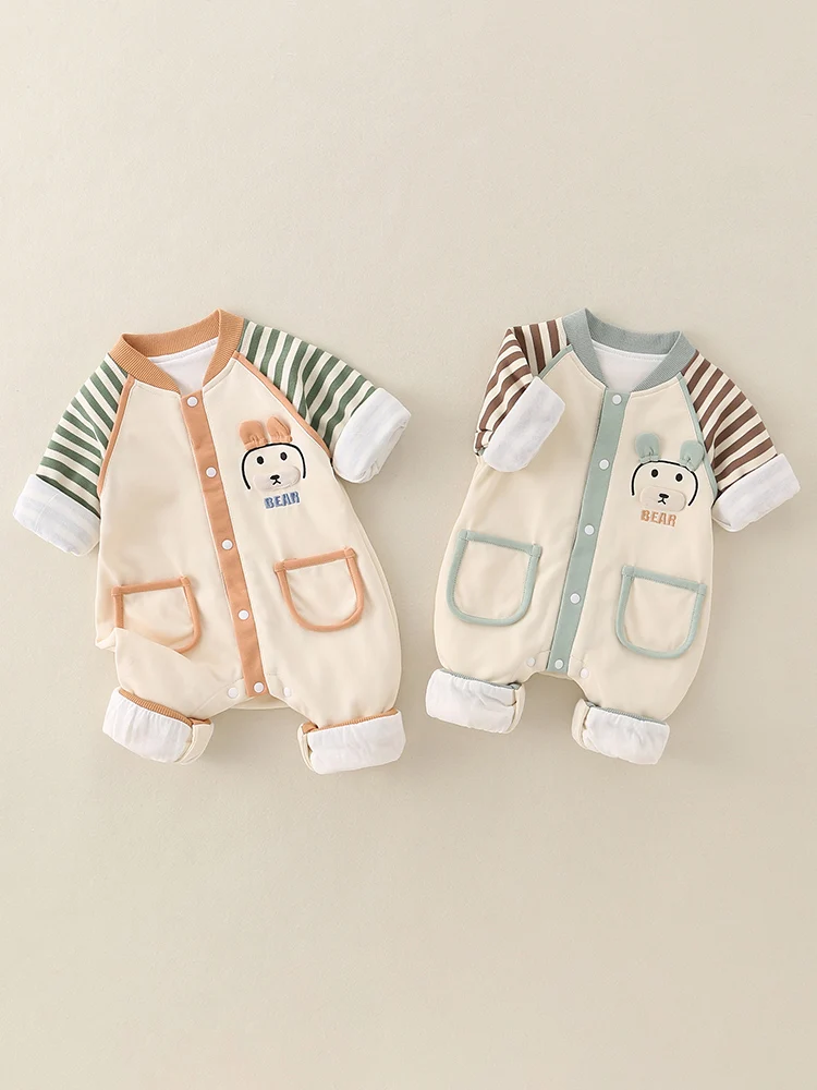 ชุดฤดูใบไม้ร่วง เสื้อแขนยาวสองชั้น กางเกงขายาวลายการ์ตูนเอวสูง ผ้าริ้ว น่ารัก สำหรับเด็กแรกเกิด  ใส่ได้หลายโอกาส