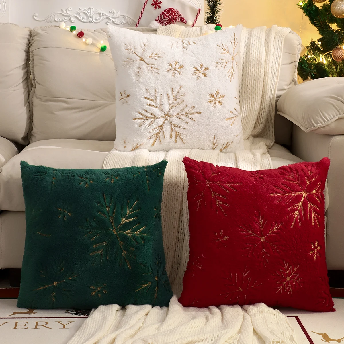 1 PC Christmas Throw Pillow Cover Plush Embroidery Snowflake Christmas Decoration Living Room