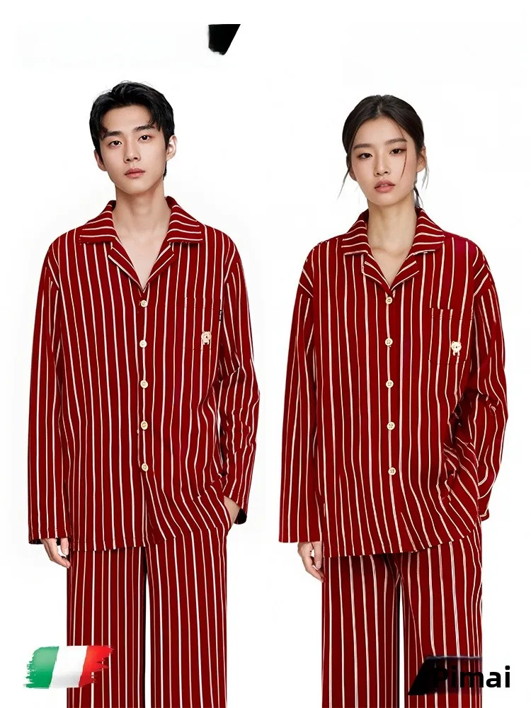 PinkBread Striped Bear Couples Red Spring Autumn Sleepwear Women's Pure Cotton Long Sleeve Home Clothes plus Size