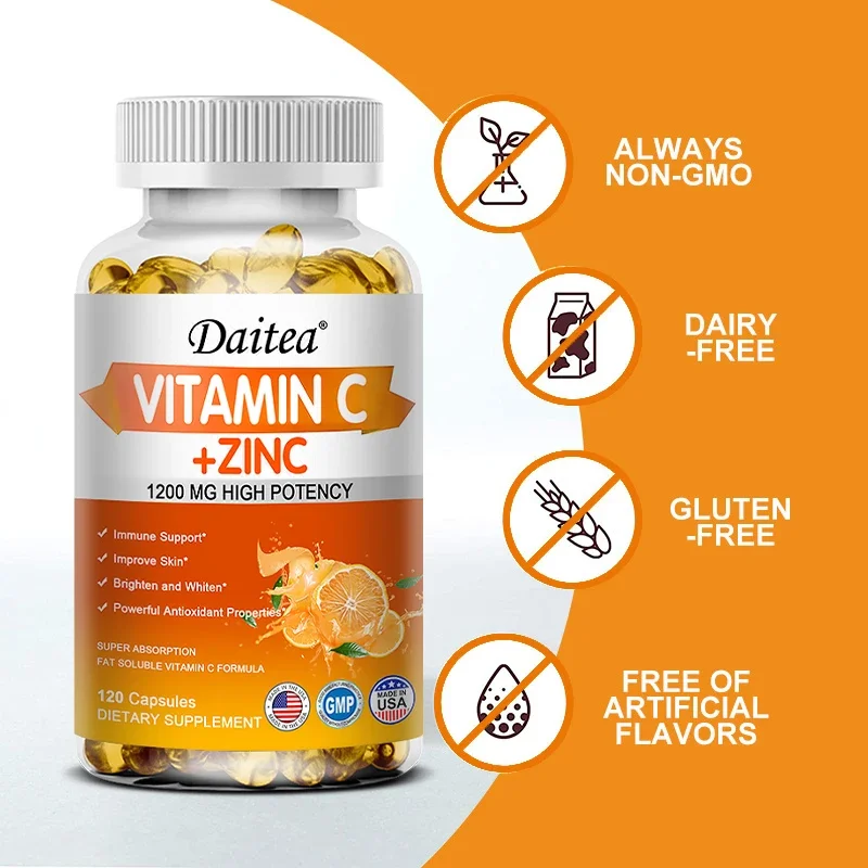 Daitea Vitamin C + Zinc - 1200 Mg Powerful Antioxidant That Supports Cellular Energy Production, Immune System and Improves Skin