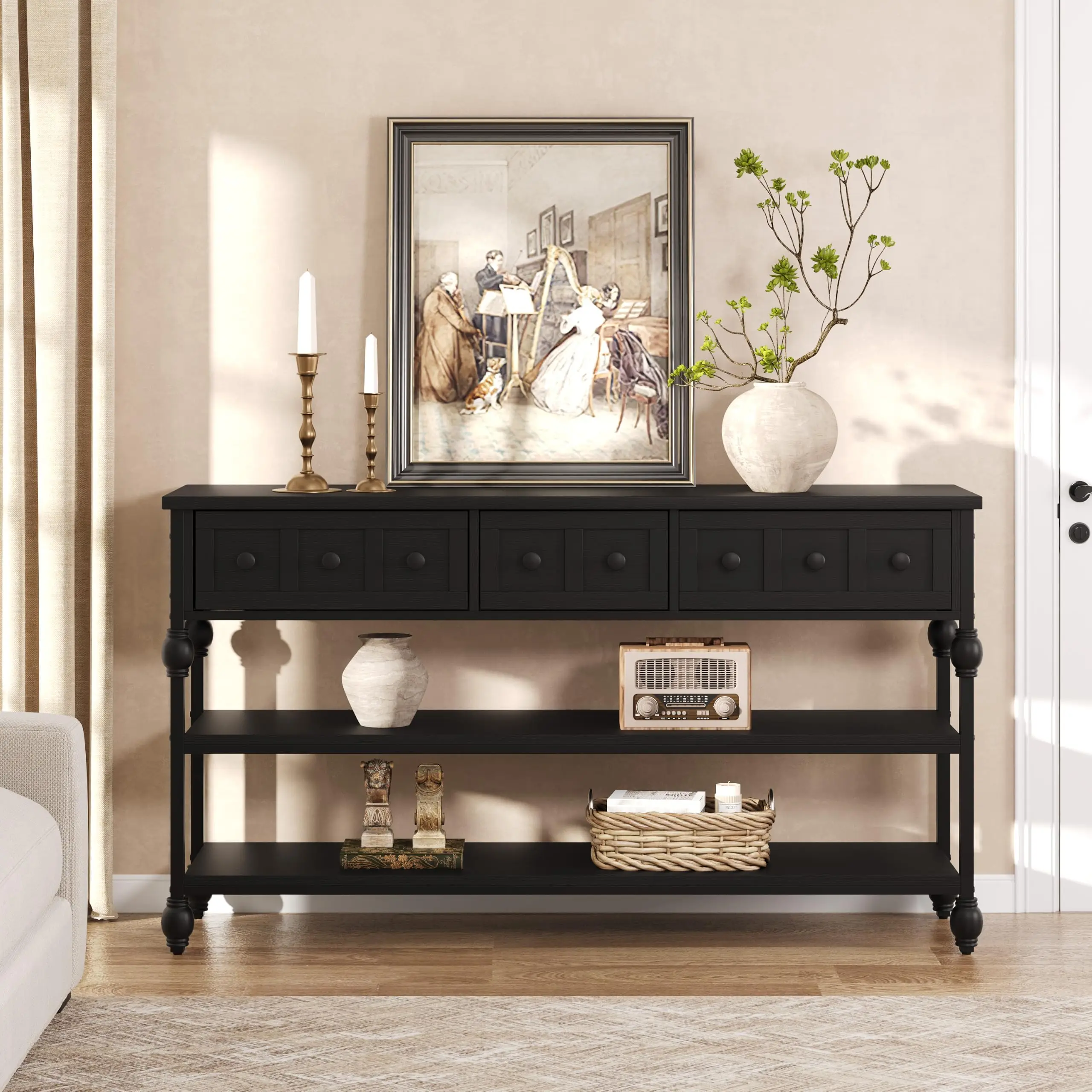 52 Inch Narrow Console Table With 3 Drawers And 2 Shelves, Industrial Farmhouse Sofa Table For Entryway Hallway Living Room
