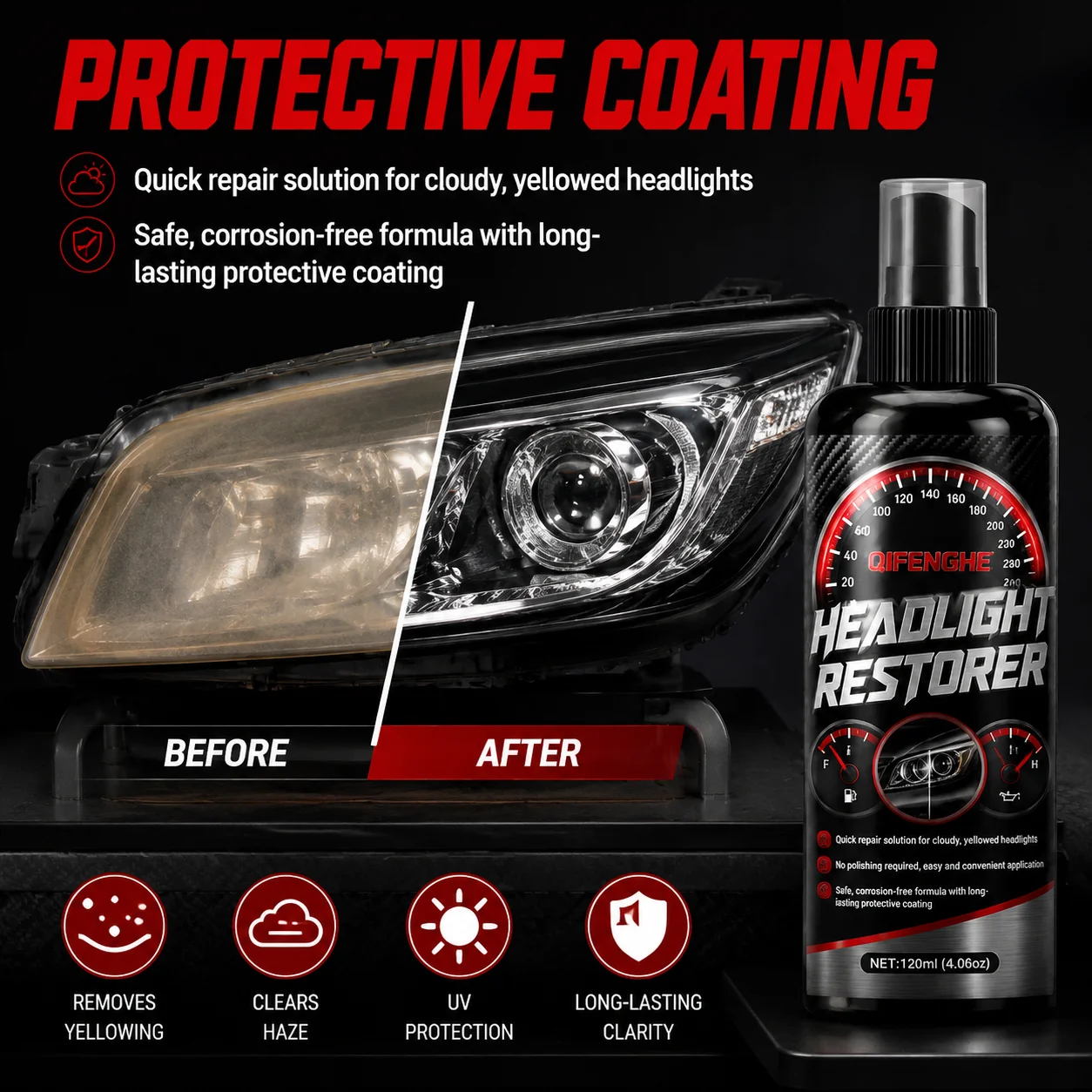Convenient Headlight Renew Spray, Quick-Acting Formula Revives Dull Oxidized Headlight Lenses