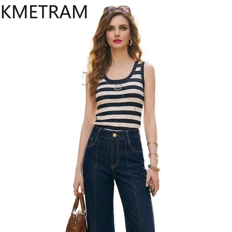 KMETRAM Fashion Knit Women's Tanks Casual U-Neck Sleeveless Summer Tops Chic Drilling Vest New in Woman Clothes 2026 топ женский