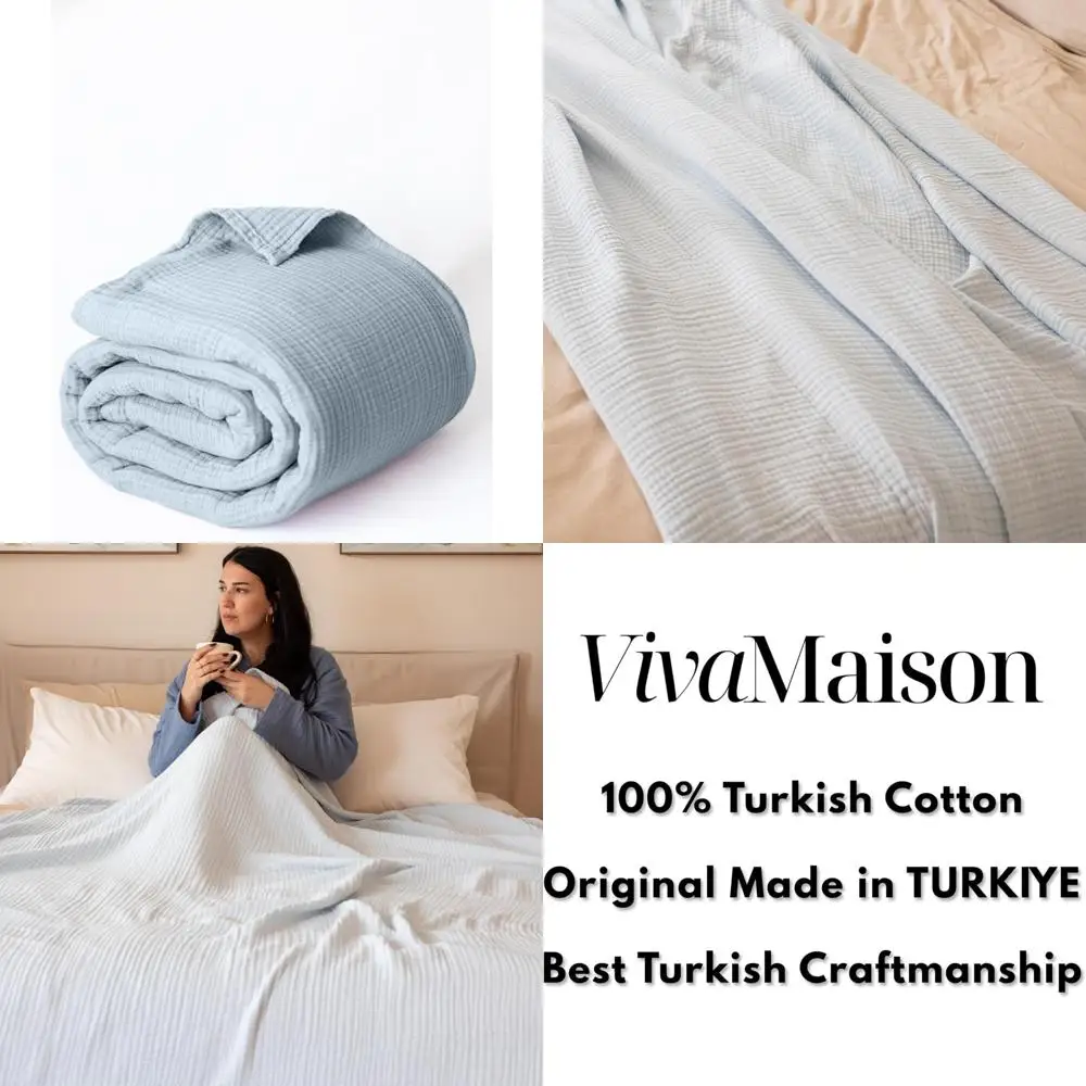 

Хлопковое муслиновое одеяло размера King Size, 95x110 дюймов, ультрамягкое одеяло из 100% турецкого хлопка голубого цвета