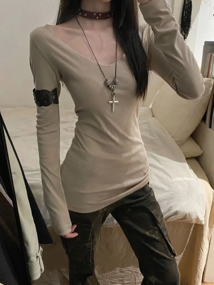 American Cross Patchwork Long Sleeve T-shirt Woman 2024 Early Autumn New Tops Mujer Y2k Slim Fit   Bottoming Tees