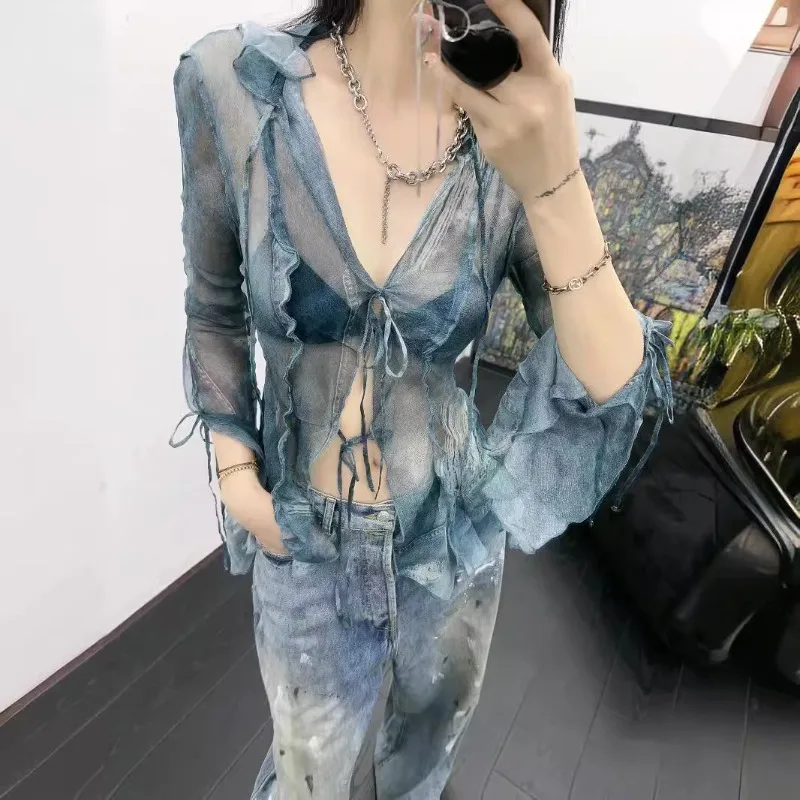 Summer New Lace-up Semi-fluoroscopy Shirt Sunscreen Tulle Long Sleeve Small Coat Shirt Women