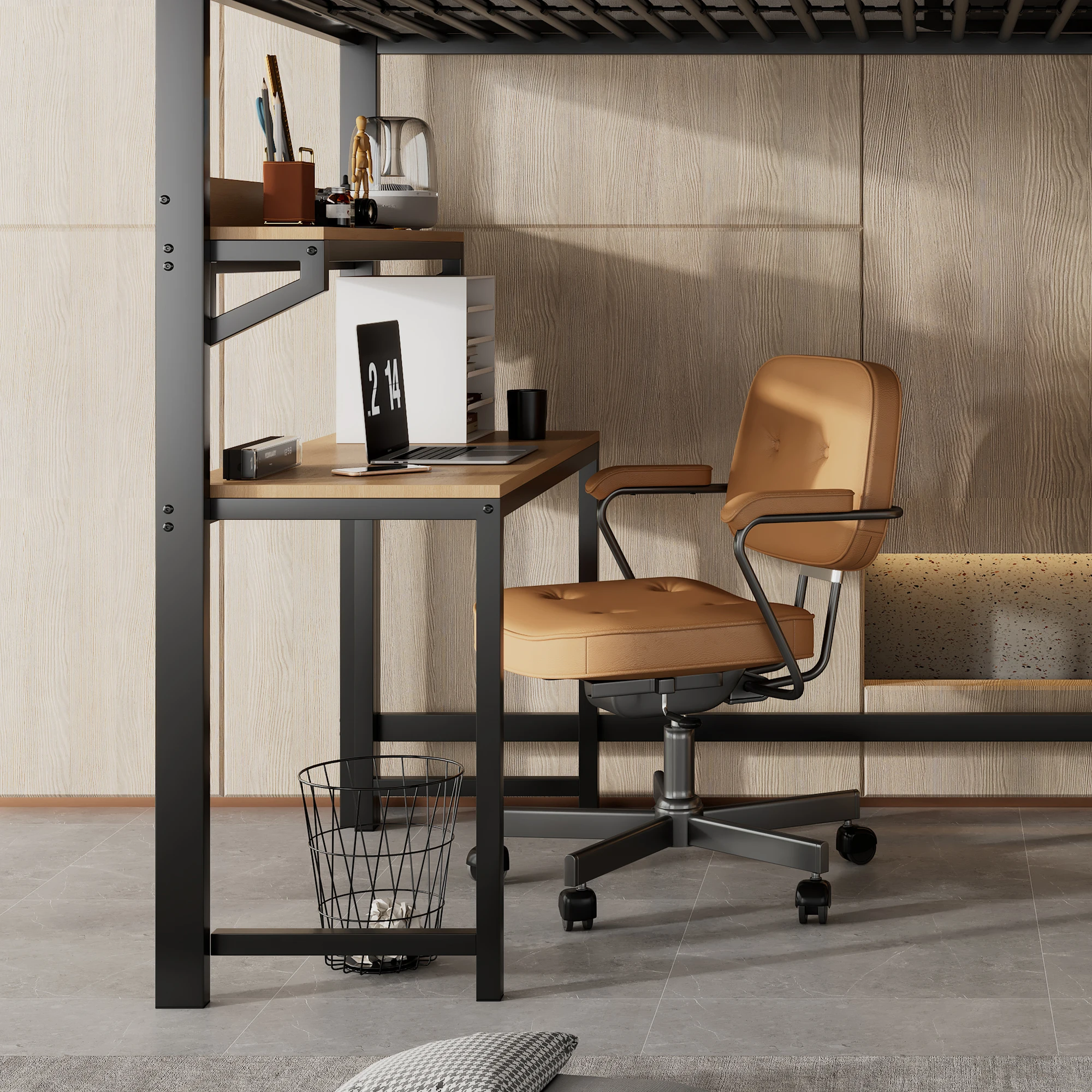 PINGGO Schwarz & Naturfarbenes Eisen-Etagenbett 90x200cm mit Kleiderschrank, Treppe, Schreibtisch, Staufächern, Metall, MDF, ohne Matratze – Detail 3
