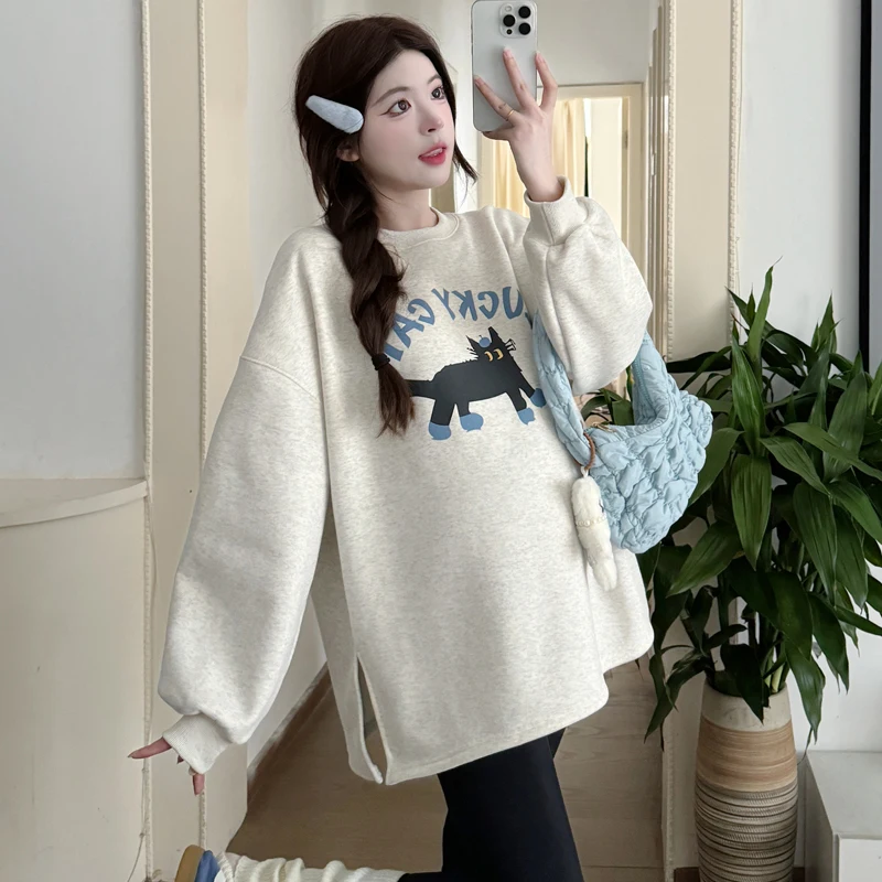 Oversized Korean Style Maternity Hoodie Dress for Autumn/Winter Cartoon Print Slimming Plus Size Sweatshirts for Pregnant Women