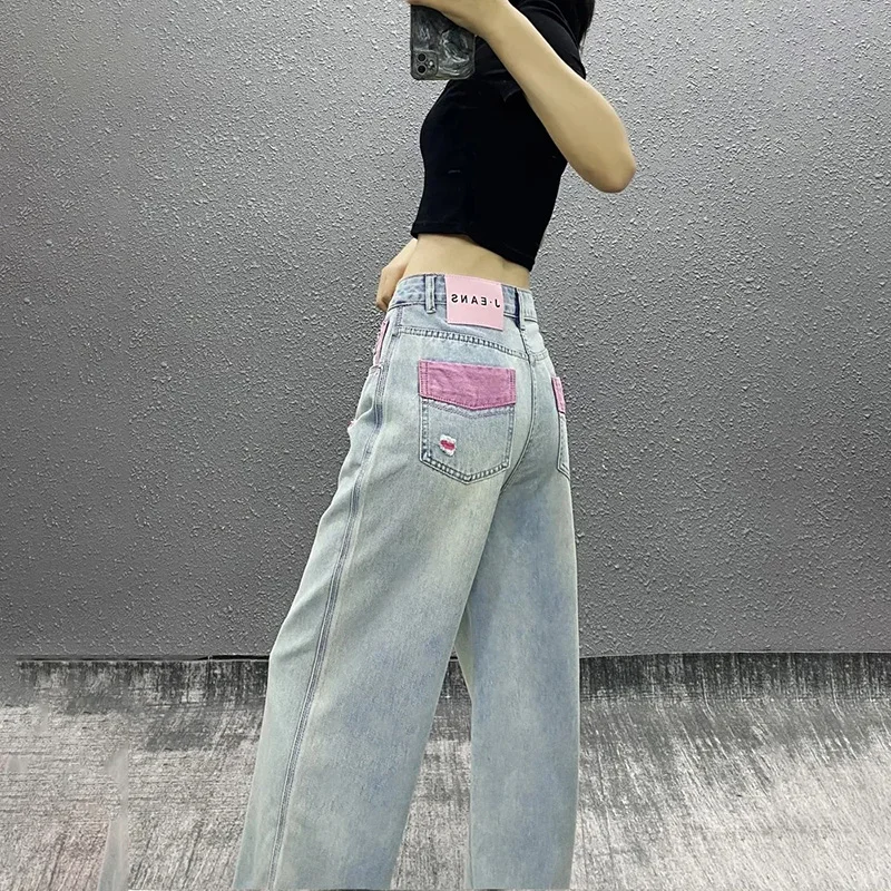 Jeans largos rasgados vintage para mulheres, calça jeans de cintura alta, calça legal com bolsos, estilo americano, moda sexy, Y2k