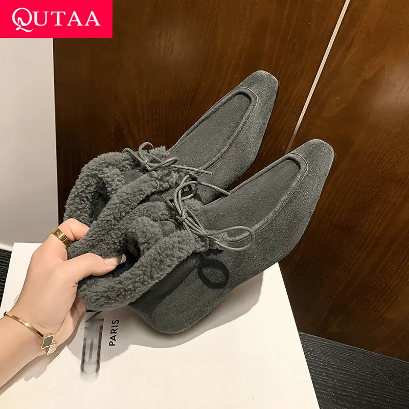 

QUTAA 2026 новости, зимние женские ботильоны, теплые туфли на танкетке, детская замшевая модная шерстяная обувь на шнуровке, короткие ботинки черного цвета, размер 34-40