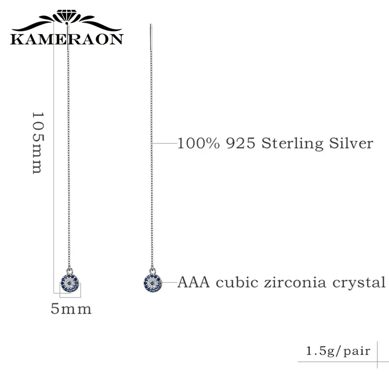 KAMERAON Long Chain Blue Evil Eyes Pendant Earrings 100% 925 Sterling Silver Cubic Zircon Tassel perforation Women Jewelry E0922