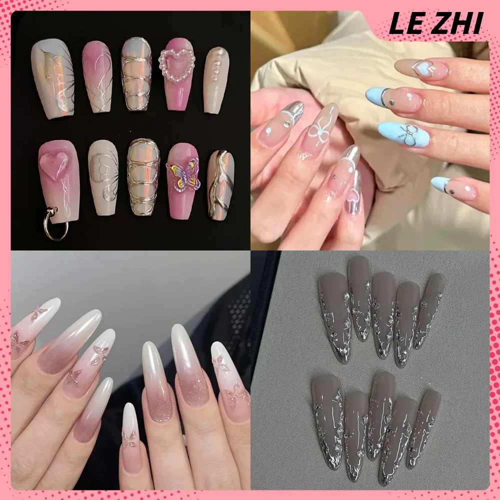 Temperament Long Almond Wearable Press On Nails Heart Flower Butterfly French Detachable Reusable Full Cover Nail Party Stickers