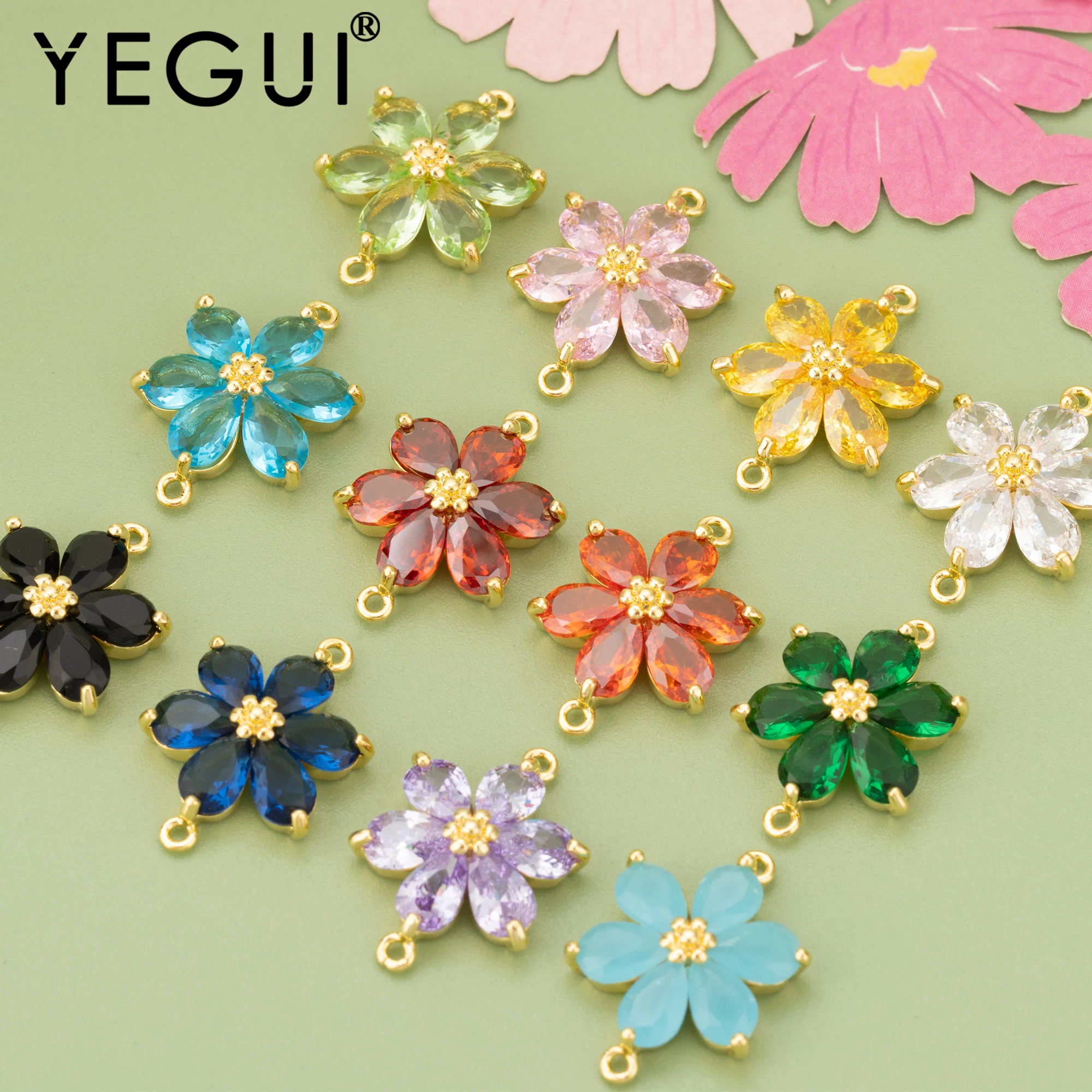 

YEGUI MF86,jewelry accessories,18k gold plated,copper,zircons,flower shape,two rings,diy pendants,jewelry making,6pcs/lot