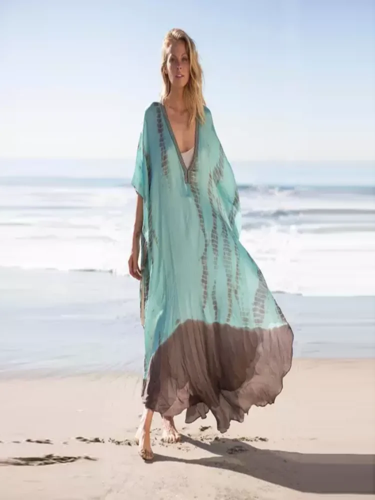 Plus Size Boho Cover Up Women s Plus Colorblock Tie Dye Bat Sleeve V Neck Round Hem Maxi Beachwear Cover Up