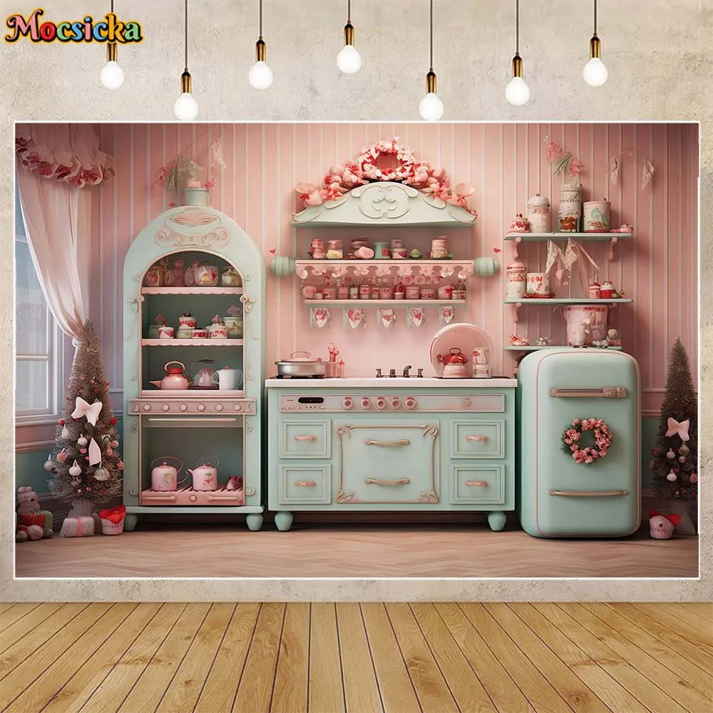 Mocsicka Christmas Kitchen Photography Backdrops Blue Cabinet Xmas Tree Kids Photocall Family Portrait Background Photo Studio