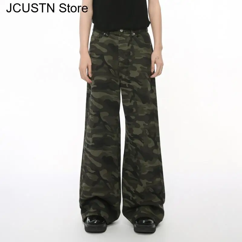 Full Length American Style Jeans Male Retro High Street Camouflage Pants Wide Leg Mop Jeans Denim Pants Autumn Loose Trousers