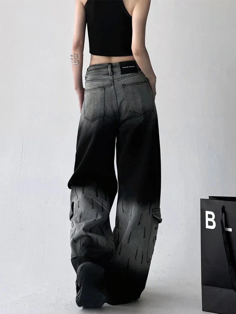 Pantalones de trabajo de pierna ancha de cintura alta Retro para mujer primavera 2025 adelgazantes Color adient más alto corte recto pantalones vaqueros de mezclilla