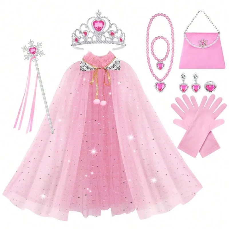 Kids Sequined Princess Cape Cloak Set,  Princess-Style Cape for Girls Ideal for Clothes Parties,  Halloween and Photoshoots