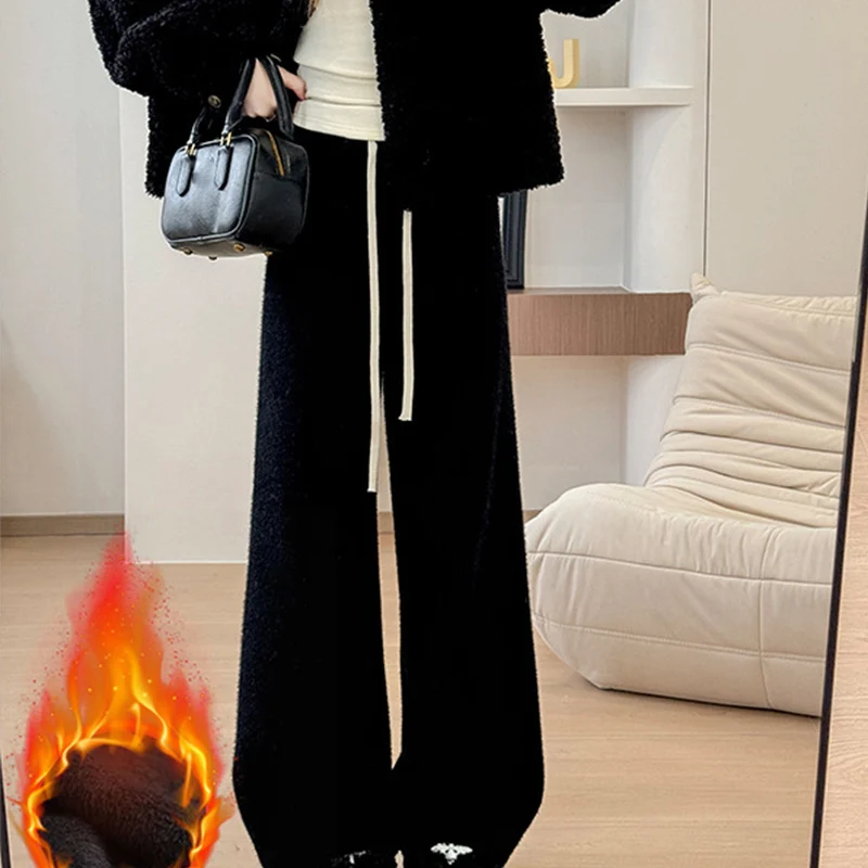 Drawstring High Waist Plush Pants For Women Winter Fleece Straight Wide Leg Casual Pants Woman Loose Thicken Warm Trousers Mujer