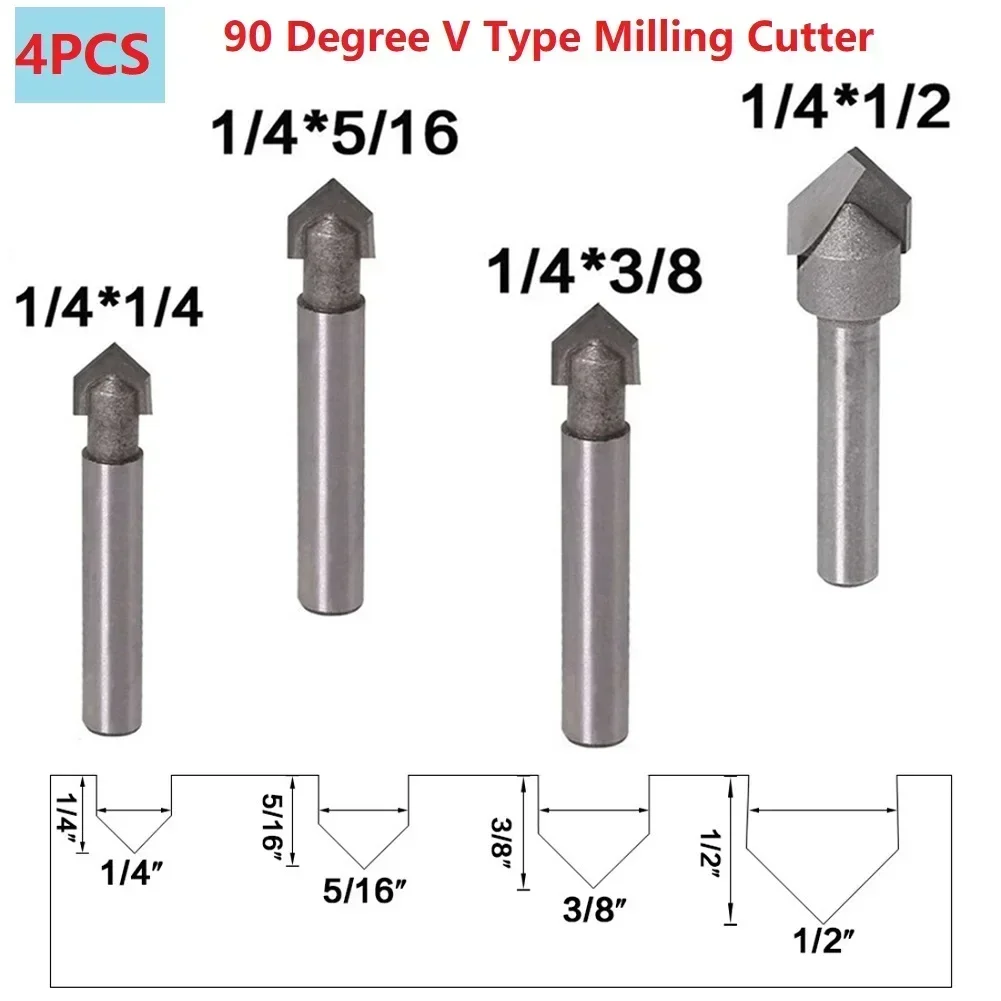 4 adet Katı Karbür End Mill 1/4 Inç Shank 90 Derece V Oluk Yönlendirici Bit Seti CNC Gravür Matkap Uçları Ağaç İşleme freze kesicisi