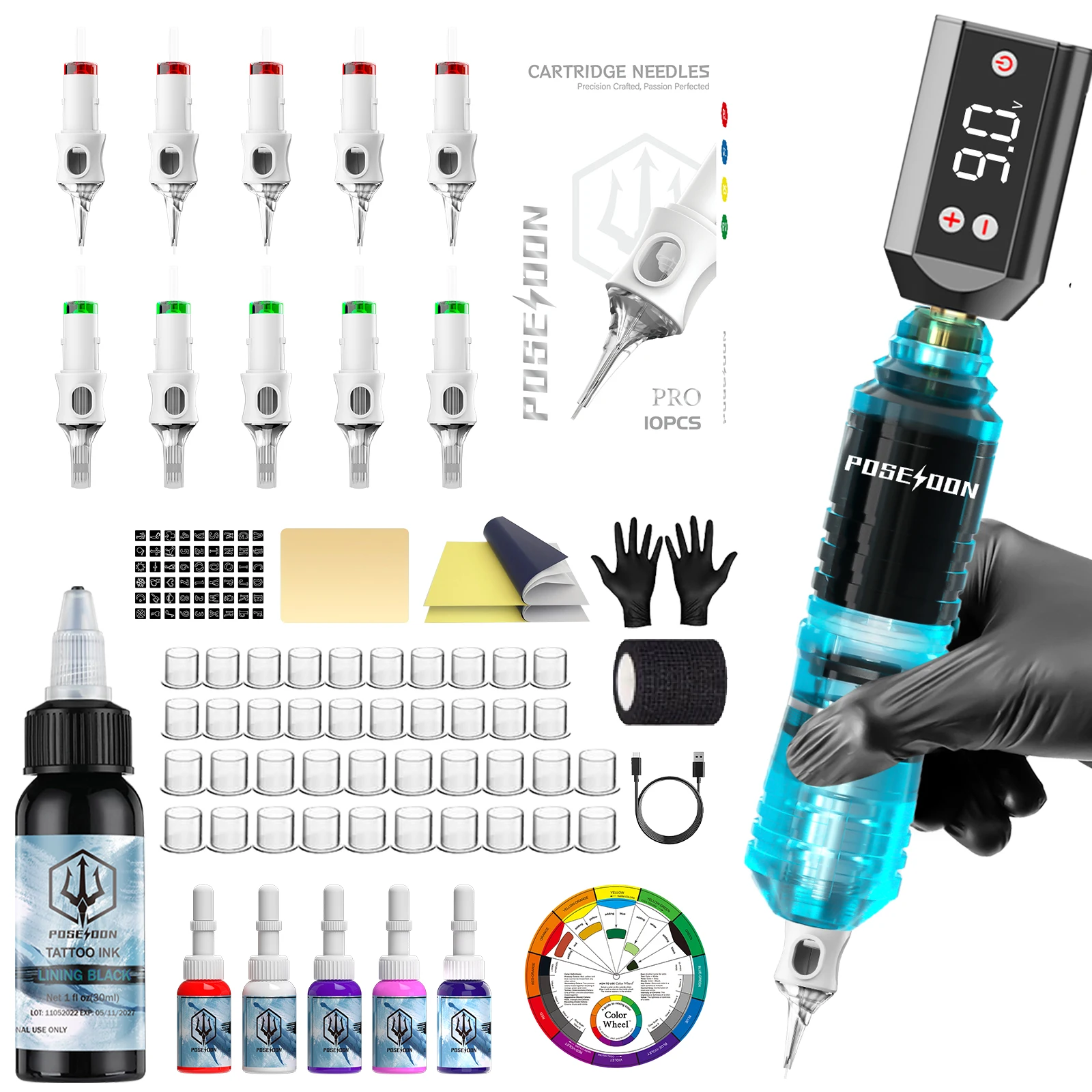 POSEIDON Tattoo Kit WirelessTattoo Pen Kit For Permanent Makeup Tattoo Machine Kit Blue Tattoo Power Supply Tattoo Gun Kit