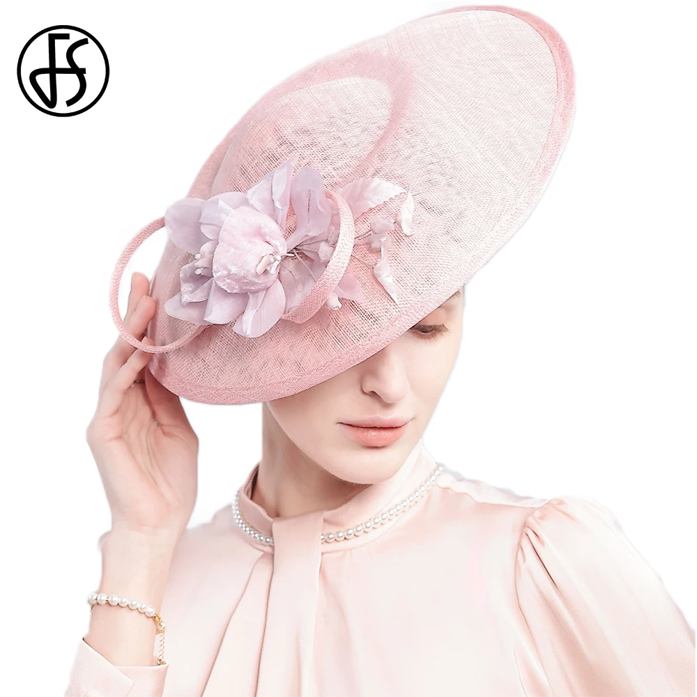 FS 2025 Wide Brim Kentucky Derby Hat Pink Flower Fascinators For Women Elegant Summer  Tea Party Hats Sinamay Church Fedoras